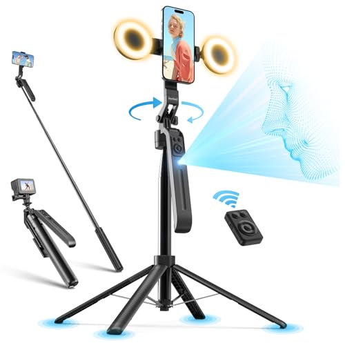Jeebel Trípode de Seguimiento Facial 180cm Extensible Selfie Pole con Luz LED/Control Gestos/Control Remoto/NO App/360°Giratorio - Estabilizador Gimbal para Teléfono Action-Cam DSLR de Video Live Vlog