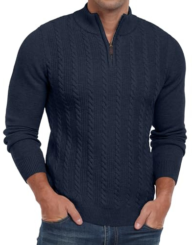Hisir Mens Quarter Zip Jumper Cable Knit Crew-Neck Sweater Long Sleeve Jumpers Causal Pullover Winter for Men (Navy Blue, L)