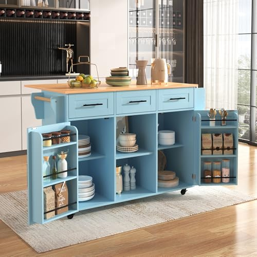 Azkoeesy Isola Cucina Mobile con Ruote e tavolo da pranzo Estensibile, 139x91,5x46(71) cm, Carrello Cucina con 3 Cassetti e 2 Ante con Ripiani per Spezie, per Sala da Pranzo e Cucina, Blu