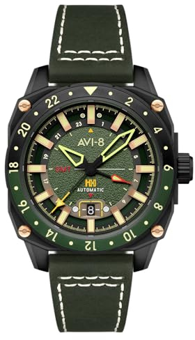 AVI-8 Montre automatique Hawker Hunter Atlas GMT pour homme avec bracelet en cuir 44 mm AV-4122, Vert amazone, Atlas GMT Automatique