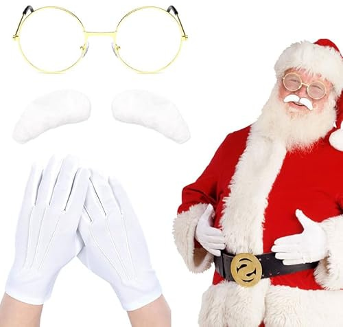 FUIPVGI 3 Pièces accessoires de Costume de Père Noël, Ensemble de PÈRE NOËL, Lunette Pere Noel, Gants, Sourcils, Accessoires de Fête de Noël, Accessoire de déguisement pour Adultes (Blanc)