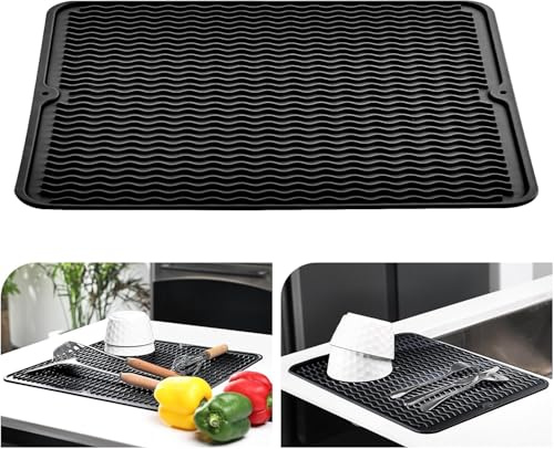 KitchenRaku droppmatta 40 x 60 cm, silikon diskho värmebeständig halkfri droppmatta diskbänk, diskmatta droppunderlägg, bordstablett (svart)