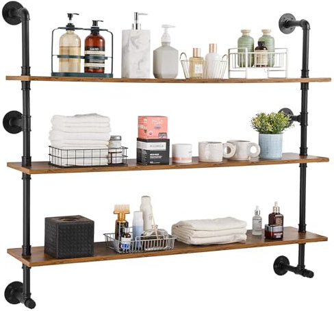 VEVOR Industrielles Rohrregal, 3 Ebenen, 122 x 25 cm, Wandmontage, schwebende rustikale Holzregale, Halterung, Ausstellungsregal, Bücherregal, Lagerregal, Kleinteilehalter