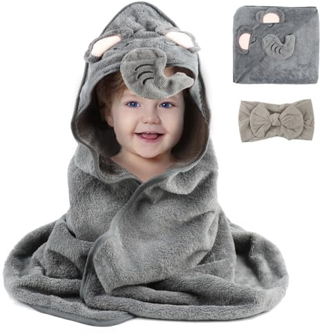 DBTW 80x80cm Baby Badetuch Set, Große Weiche Baby Handtücher Kapuze, Super Saugfähige Kapuzenhandtuch mit Fliege Haarband, Korallenvlies Babyhandtuch, Ultra Weiches Kapuzentuch für Jungen Mädchen
