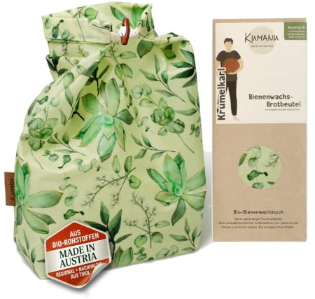 Kumanu | Ekologisk bivaxduk – brödpåse KRÜMELKARL | H 35 cm x B 29 cm | med stativ och stängning | hålla naturlig och plastfri fräsch | handgjord i tyrolen (suckulent)