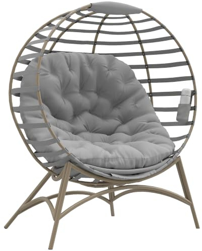 Outsunny Egg Chair with Soft Cushion, Outdoor Lounge Chair, Light Grey | Steel Frame, Side Pocket, Garden Leisure Seat, for Indoor, Outdoor