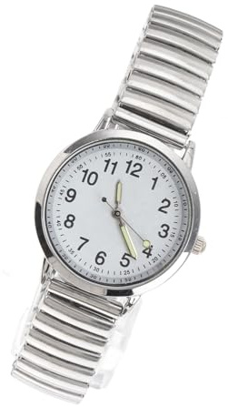 Warmhm Montre-Bracelet Lumineuse à Grands Chiffres, Quartz Argenté, Étanche, Bracelet Extensible, pour Seniors, Adaptée Usage Quotidien, Cadran Clair Blanc, Modèle Pointer Aléatoire