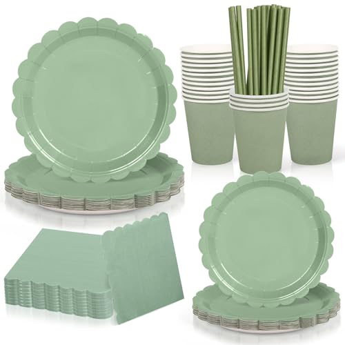 Yidaxing Vaisselles Jetables Anniversaire Vert Sauge, Assiettes Jetables Vert Gazon Gobelets Pailles Serviettes pour Décoration Fête de Mariage Anniversaire Baby Shower Barbecue,16 Invités