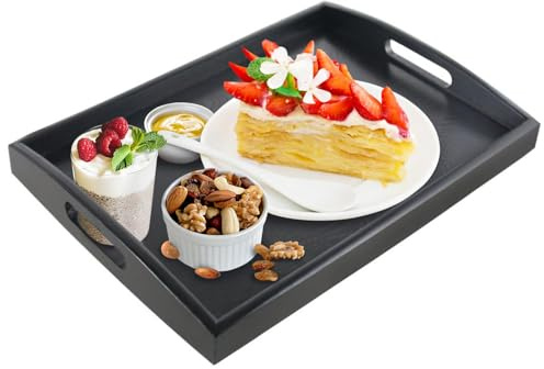 Wooden Tray with Handles, Rectangular Breakfast Large Tea Tray for Food Snack, Dinner, Home Decorative Storage, Platter, Kitchen Counter, Bathroom, Restaurant (Black 39x25x4cm)