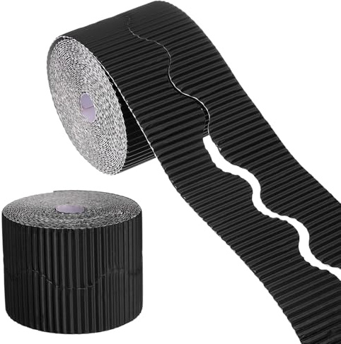 QUARKZMAN Borde De Tablero Anuncios 49.2 Pies, Borde Decorativo Ondulado De Cartón Corrugado, Borde Enrollado Festoneado Para Manualidades Oficinas Proyectos DIY Fiestas Decoración, Negro