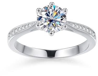 Joomia Monture à Six Griffes Couronne 1 Carat avec Moissanite Bague Fiançailles De Promesse Alliance Femme Argent 925 - GRA Certificat, D+VVS1 Grade, 18K Pt, Découpe au plasma, Hypoallergé