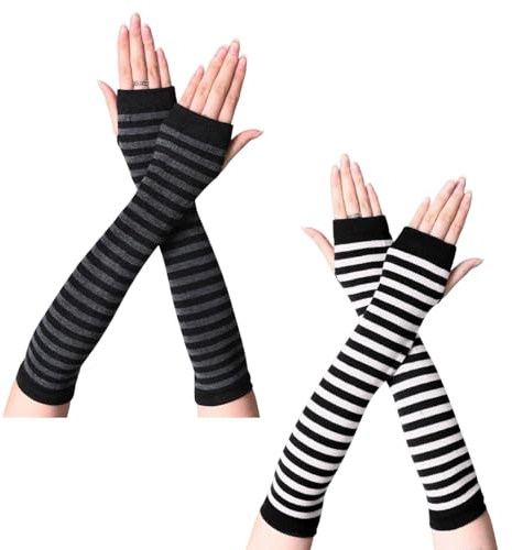 CERCTLA 2 Pairs Long Fingerless Gloves for Women, Striped Arm Warmers Long Fingerless Gloves, Winter Mittens Gloves Wrist for Office Typing Computer