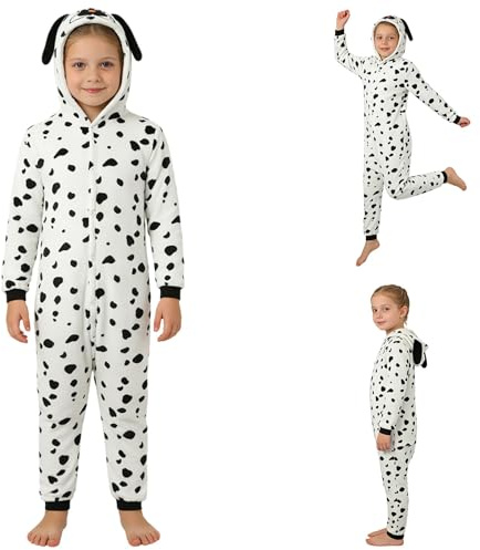 Sobzia Costume Dalmata Bambino,Dalmata Costume,Tuta Con Cappuccio e Coda,Vestito da Animale,Costumi per Carnevale,Feste Bianco 11-13 anni