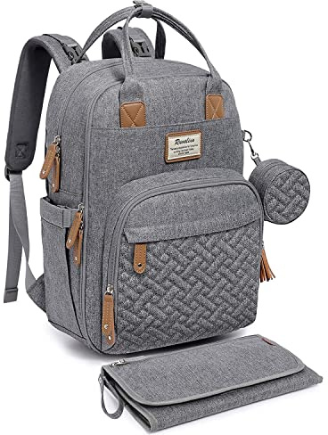 RUVALINO Sac à Dos à Langer, Sac à Langer bébé avec Matelas à Langer Portable, Porte-Sucette et Sangles de Poussette, Sac de Voyage multifonctionnel pour Maman ou Papa, Gris