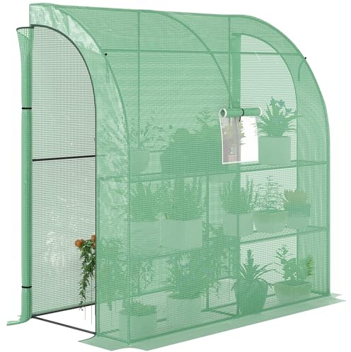 Outsunny 7' x 3' x 7' Lean to Greenhouse PE Cover 3 Wire Shelves Green