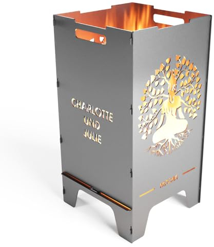 MOCAVI Edelstahl Feuertonne Lebensbaum 73 cm | 3 mm V2A personalisiert Feuerschale Feuerkorb massiv sicher groß Feuerstelle Outdoor faltbar hitzefest Design-Feuersäule für Garten, Terrasse und Balkon