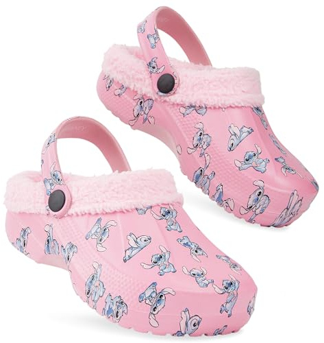 Disney Stitch Hausschuhe Kinder Mädchen – Fleece-gefütterte Kinder Clogs mit Rutschfester Sohle (Rosa Stitch, 32-33 EU)