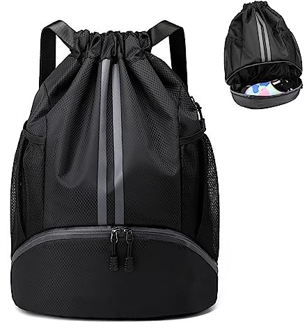 JAWAI Mochila Impermeable con Cordón, Ajustable Casual Saco Gimnasia, Impermeable Saco de Gimnasia con Bolsa Seca Húmeda Separada, para Acampar, Yoga, Fitness, Viajes, Montañismo (Negro)
