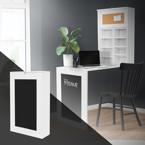 ML-Design Scrivania Pieghevole da Parete Bianco in MDF Tavolo Ribaltabile Sospeso a Muro con Lavagna 8 Scomparti e Bacheca Scrivania Salvaspazio Multifunzione con Scaffali per Casa e Ufficio