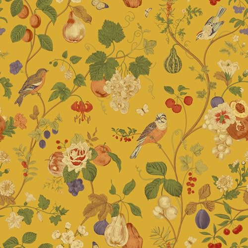 VEELIKE Yellow Chinoiserie Floral Wallpaper Vintage Bird Wallpaper Peel and Stick Yellow Flower Contact Paper Self Adhesive Patterned Wall Paper for Bedroom Bathroom Wall Mural Removable 44.5cm×300cm