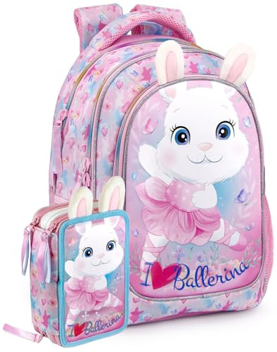 Mochila escolar ergonómica + estuche coordinado – 33×43×15 cm, 3 compartimentos, 45 piezas – Diseño Conejita Ballerina para niña – pack completo Julian Ross para primaria
