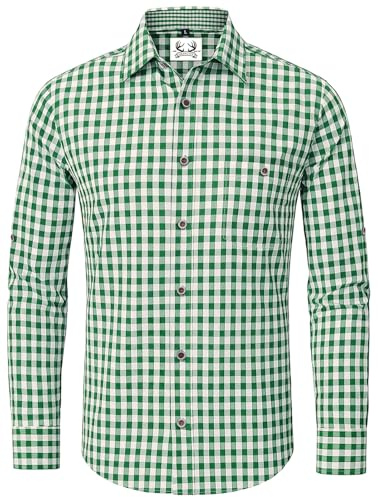 AMZHOTER Trachtenhemden Homme Chemise Traditionnelle pour Homme Chemise à Carreaux Manches Longues Manches Courtes Traditionnel Oktoberfest Verte 3XL
