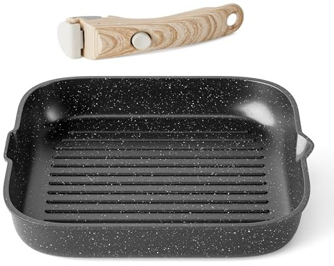 RIOVARM 28 cm Inducción Sartén grill con asas desmontables Antiadherente Sartenes para asar a la parilla con vertedor Sartén para filetes sin PFOA Para todas las estufas Apto para lavavajillas y horno
