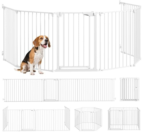 PawHut Barrera para Perros Plegable, 366x75 cm, Valla para Mascotas de 6 Paneles, Puerta con Cierre Doble, Barrera de Seguridad para Niños, Perros Pequeños y Medianos, para Escalera, Pasillo, Blanco