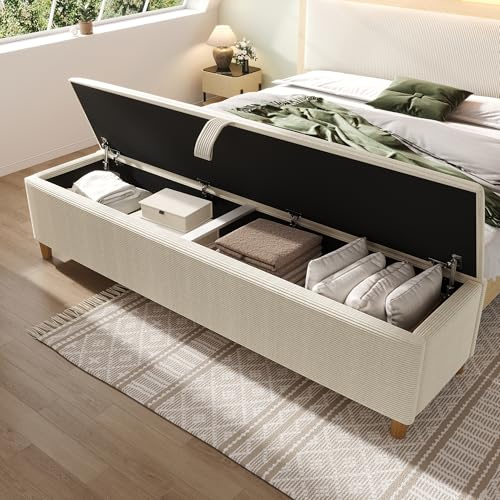 Moimhear Banco de cama con espacio de almacenamiento, banco acolchado con espacio de almacenamiento hidráulico, caja de almacenamiento, adecuado para dormitorio, salón y pasillo, beige, pana (175 x 38