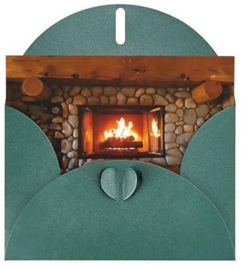 Set di biglietti di auguri con stampa di camini natalizi e Capodanno con interno bianco, eleganti biglietti di carta verde scuro e buste abbinate