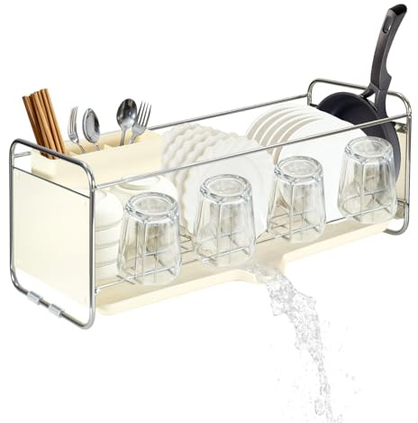 SUNNYNEST Modern Kitchen Dish Drying Rack Multifunctional Bowl Dishes Draining Basket for Drying Bowls, Plates and Cups Over Sink Drainer Shelf (White)