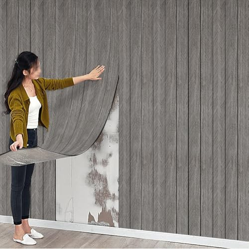 5Roll Thick Faux Wood Slat Wallpaper, Peel and Stick 3D Foil Insulation Self Adhesive Wall Panels Wallpaper Dark Grey Sound Absorbing Wooden Slats for Bathroom, Bedroom, Kitchen, Living Room 40cm*3m