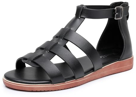 Rusffes Women's Gladiator Sandals Roman Flat Sandals with Ankle Strap for Summer Black 5.5uk