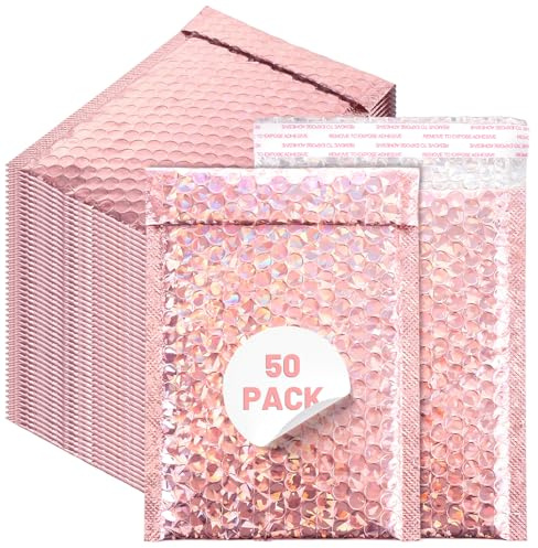 WENLISELL 50 PCS Pink Bubble Mailers, 6x8 Inch Holographic Cushion Envelope