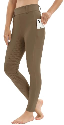 Leggings de equitación para mujer, ribete completo con bolsillo para el teléfono móvil, cintura alta, pantalones de equitación para mujer y niña, elásticos, con trabillas, marrón, L