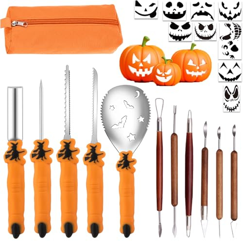 Nabance Halloween Pumpkin Carving Kit 13PCS Pumpkin Carving Kit + 10Pcs Carving Templates, Stainless Steel Halloween Decoration Accessories Halloween Pumpkin Carving Tool Set
