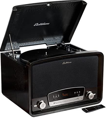 Electrohome Kingston 7-in-1 Vintage Vinyl Record Player Stereo System with 3-Speed Turntable, Bluetooth, AM/FM Radio, CD, Aux in, RCA/Headphone Out, Vinyl/CD to MP3 Recording & USB Playback (RR75B)