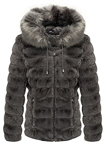 Giolshon Veste Polaire Double Face en Fausse Fourrure pour Femme, Le Manteau Matelassé Léger à Capuche Avec col en Fourrure 19225 Gris L