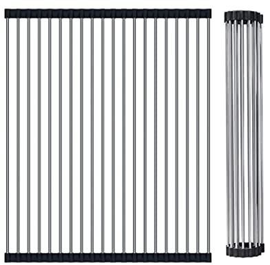 Roll-Up Dish Drying Rack - Kitchen Over Sink Drainer Rack with FDA Grade Non-Slip Silicone and 304 Stainless Steel Pipe,Heat Resistant Dish Drainers, Rolls Out Over Any Sink or Counter,47 X 38cm