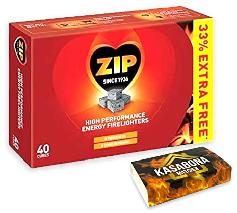 1 X Packs of 40 Zip High Performance Energy Block Firelighters Powerful Reliable & Long Burning for Open Fires Stoves BBQs & KasaBona Safety Matches