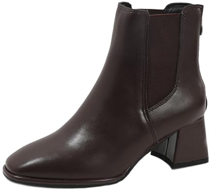 DADAWEN Bottines à Talon Carré Haut Femme Bottes Cuir Stretch -Brun Foncé 43