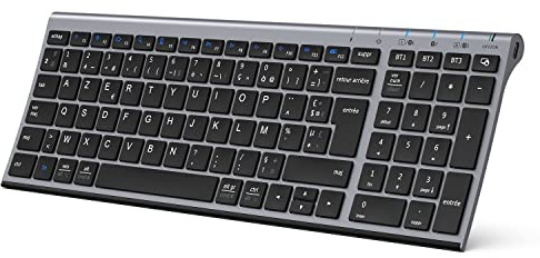 iClever Clavier Bluetooth, Clavier sans Fil Multi-dispositifs avec 3 Canal Bluetooth, USB-C Batterie Rechargeable, AZERTY Français, Ultra-Mince, pour Apple MacOS, iOS, Android, PC, Gris