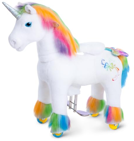 PonyCycle® Einhorn Reitpferd | für Kinder 4–7 Jahre, 89cm | Regenbogen Plüsch Schaukelpferd auf Rollen mit Handbremse | Schaukeltier, Stehpferd, Kindergeburtstag | Premium-Modell X – X42