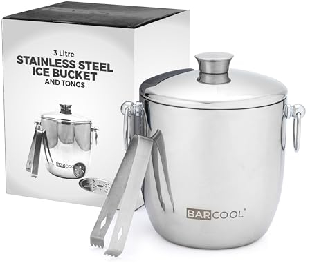 Barcool 3L Double-Walled Stainless Steel Ice Bucket with Lid & Tongs - Vacuum Insulated, Perfect for Champagne, Cocktails, Parties, Indoor & Outdoor Bar Use