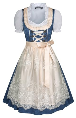 SCARLET DARKNESS Women German Dirndl Midi Dress with Ruffle Top Satin Dress Lace Apron XL Dark Blue and White Lace