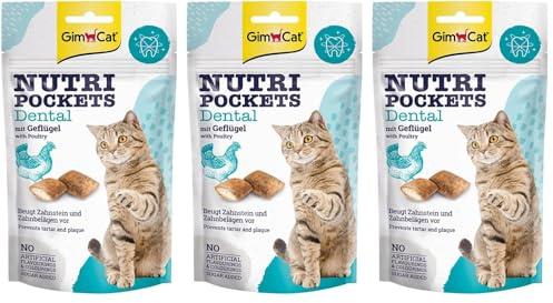 GimCat Nutri Pockets Dental - Snack crujiente para Gatos, con Relleno cremoso e Ingredientes funcionales - 1 Bolsa (1 x 60 g) (Paquete de 3)