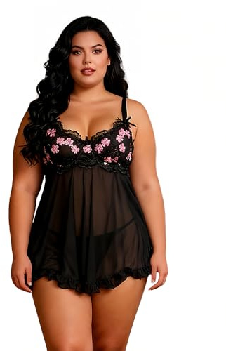 comeondear Sexy Babydoll Lingerie Sets for Women Plus Size Underwire Chemise Nightdress Mini Mesh Dress Sexy Outfits with Thong Black