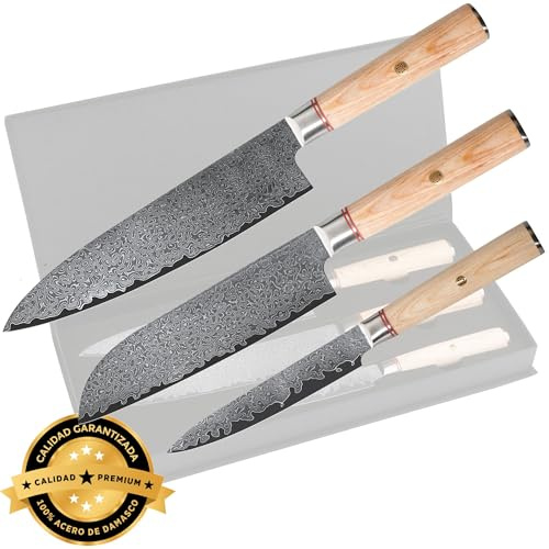 Cassary Set de cuchillos de acero de Damasco con con mango de madera Juego cuchillos cocina japoneses de acero de Damasco Cuchillos damasco profesionales para todo tipo de cocineros (Set 3)