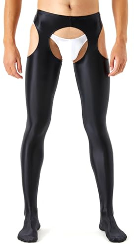GENEMEN Collant Uomo Sexy Leggings Compressione Pantaloni Aperti al Cavallo Lucidi Glitterati Lingerie Aderente (Nero, M)