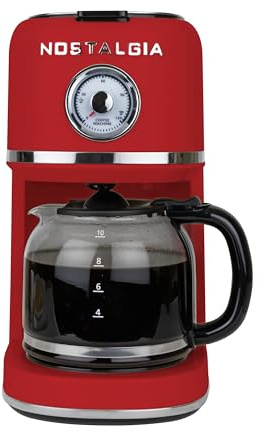 Nostalgia Classic Retro 10 Cup Coffee Maker - One-Touch Drip Brew, Reusable Filter - Anti-Drip, Auto Shutoff, & Time Display - Dishwasher Safe 50 oz Carafe - Red